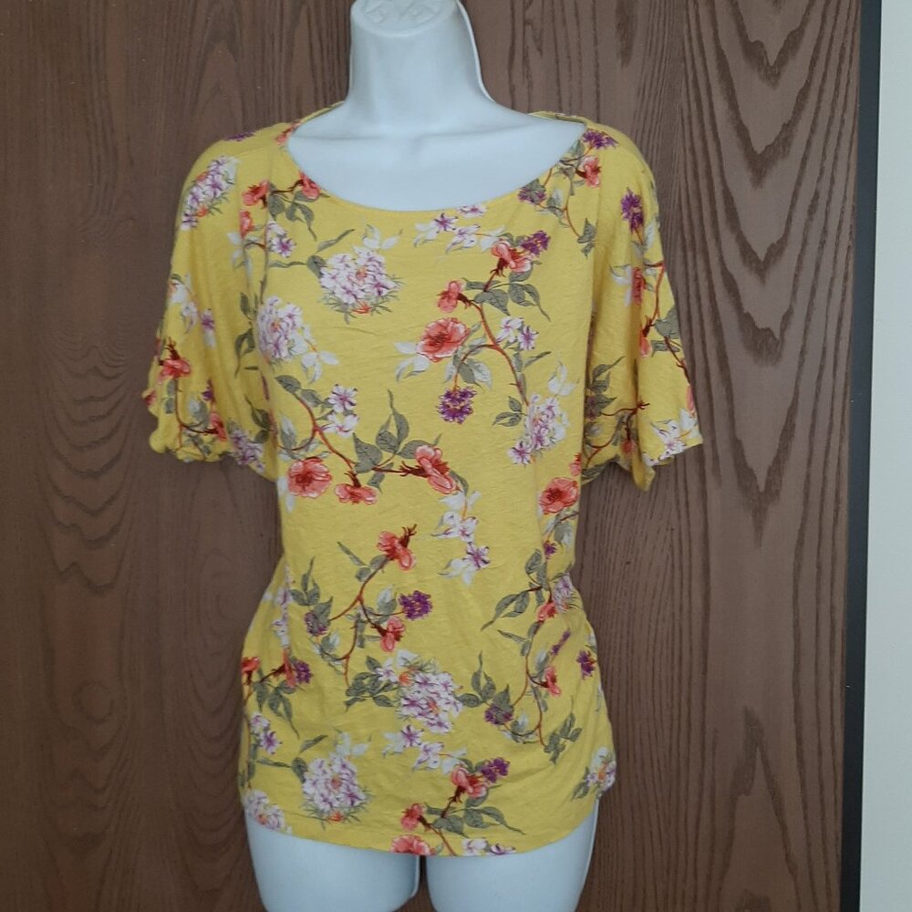 Lauren Ralph Lauren Linen Viscose Yellow Floral Top XL Pink Flowers